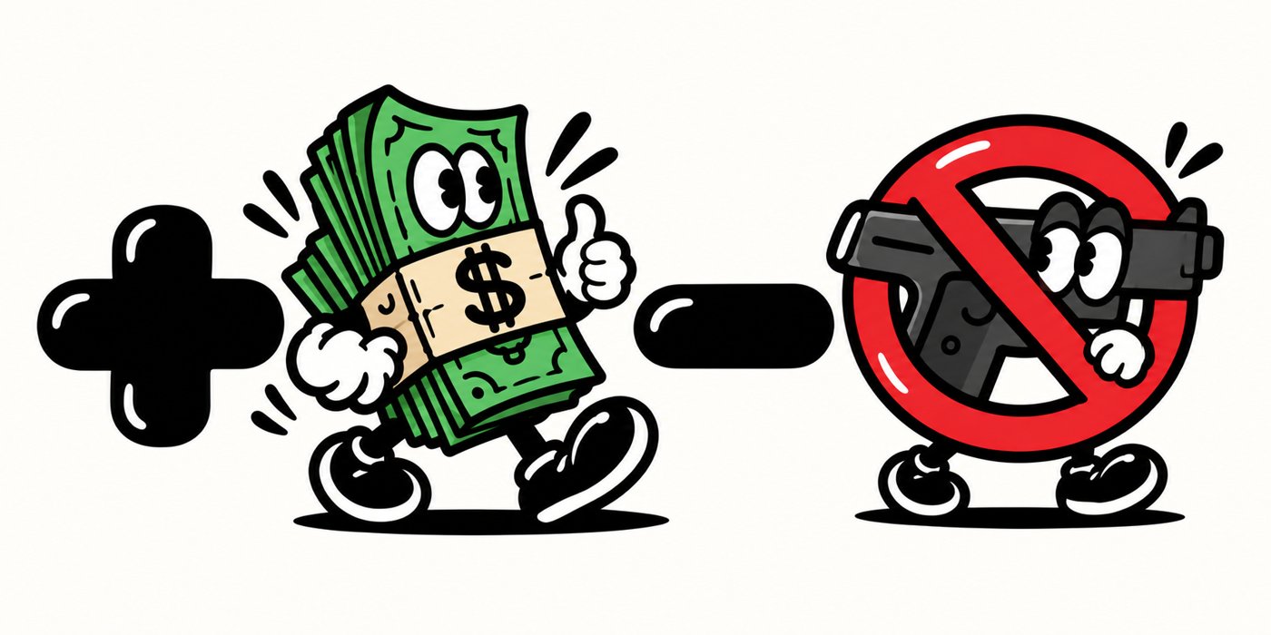 The MMLV money stack and no-gun sign characters together