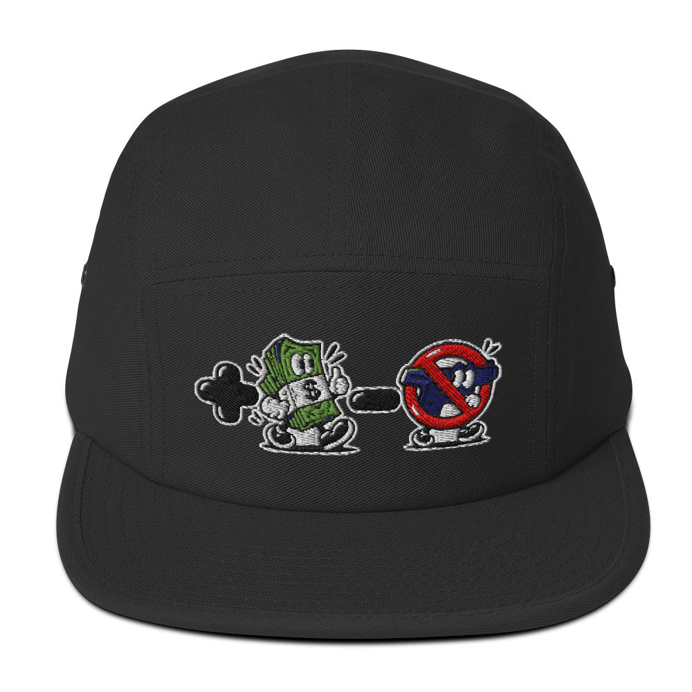 MMLV Emoji Five Panel Cap in black, front: plus money stack, minus no-gun sign