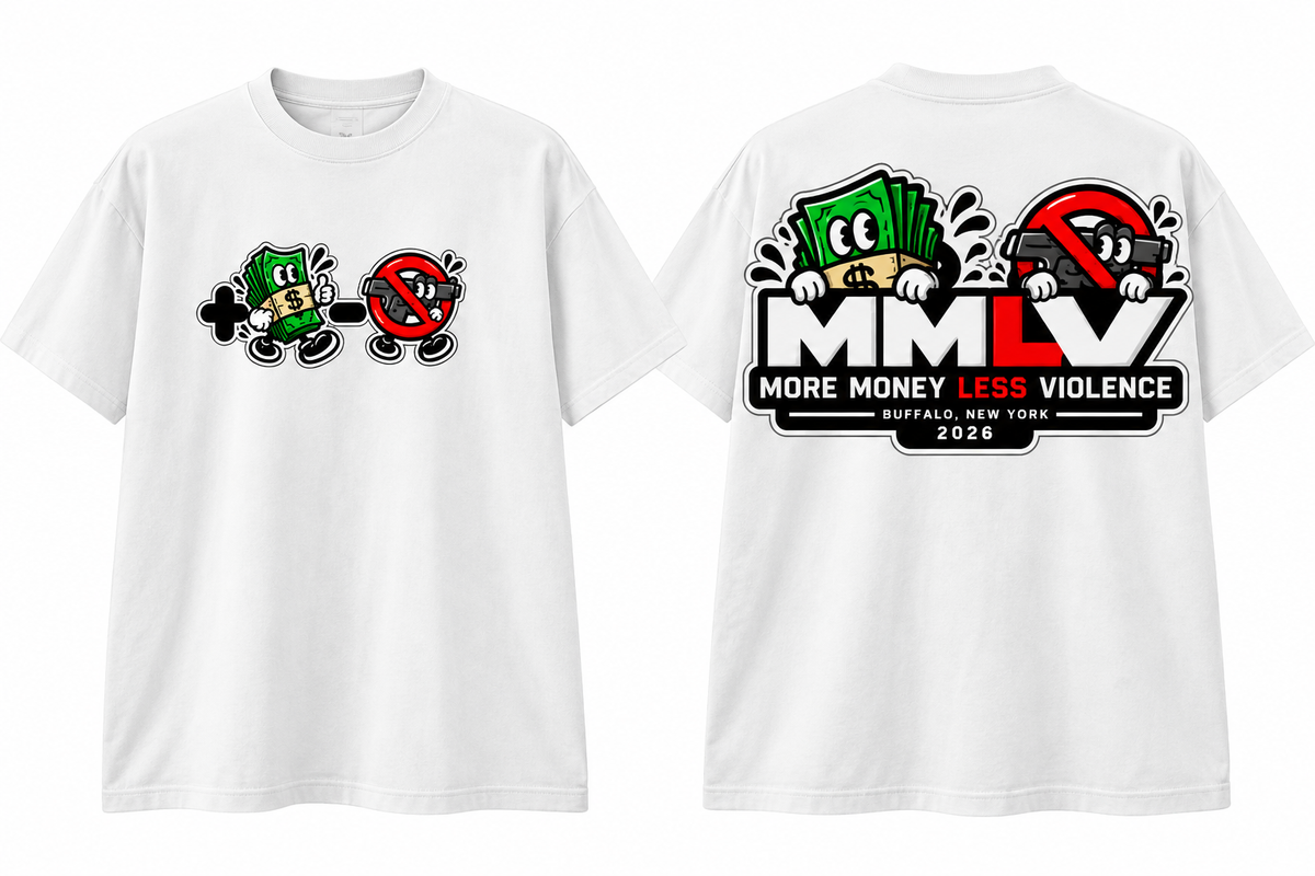 MMLV Emoji Tee by More Money Less Violence, Buffalo NY: plus sign for money and minus sign for violence on the front, MMLV badge on the back