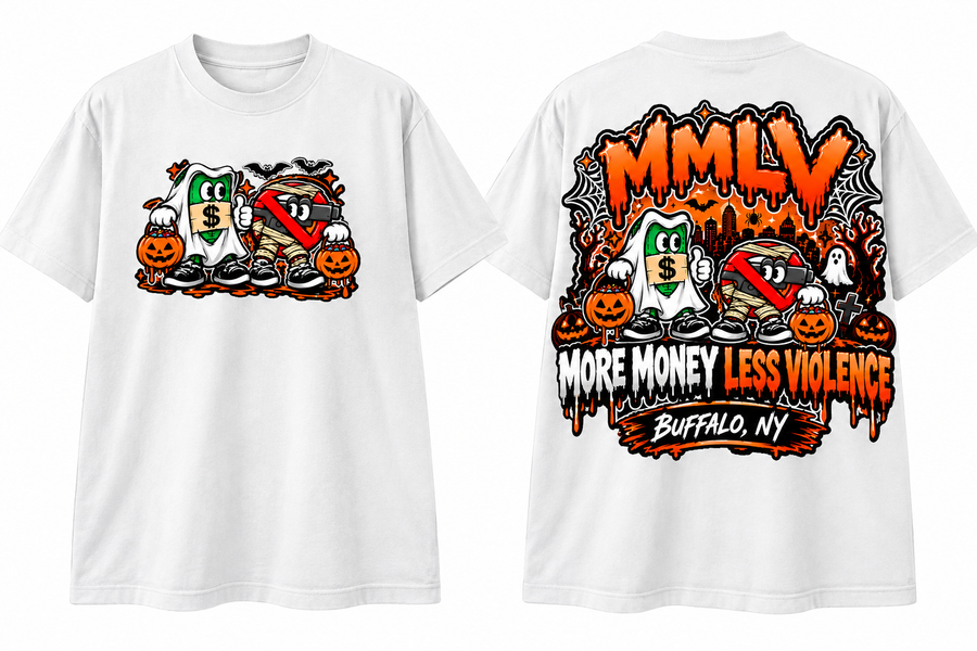 MMLV Halloween Tee by More Money Less Violence, Buffalo NY: the money stack as a ghost and the no-gun sign as a mummy trick-or-treating under bats