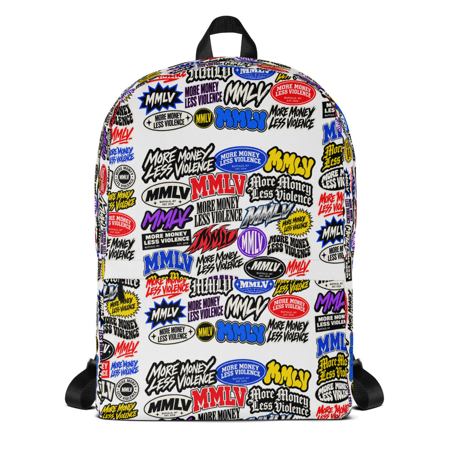 MMLV Town Life Backpack by More Money Less Violence, Buffalo NY, front: all-over print collage of MMLV logos