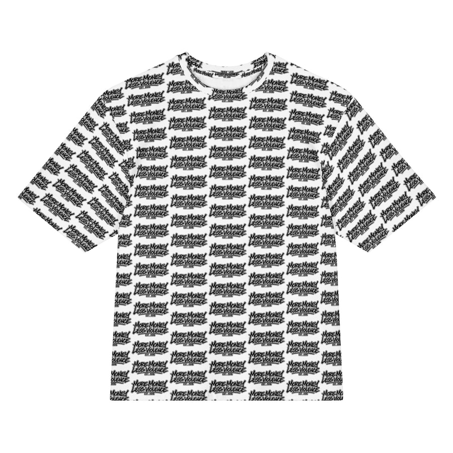 MMLV All Over Print Oversized Tee, front: More Money Less Violence graffiti logo collage