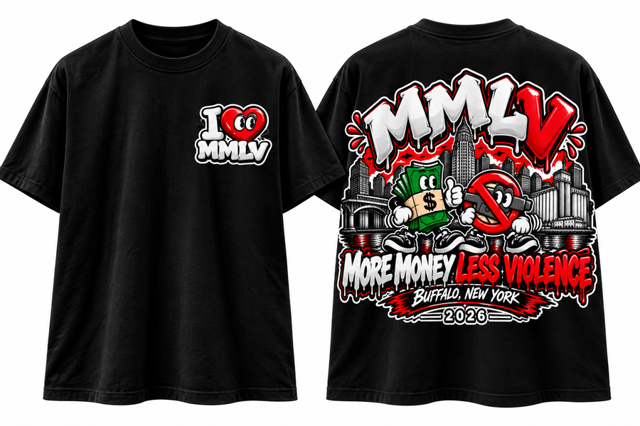 MMLV Hometown Love Tee in black, front and back: I heart MMLV chest logo and MMLV over the Buffalo skyline