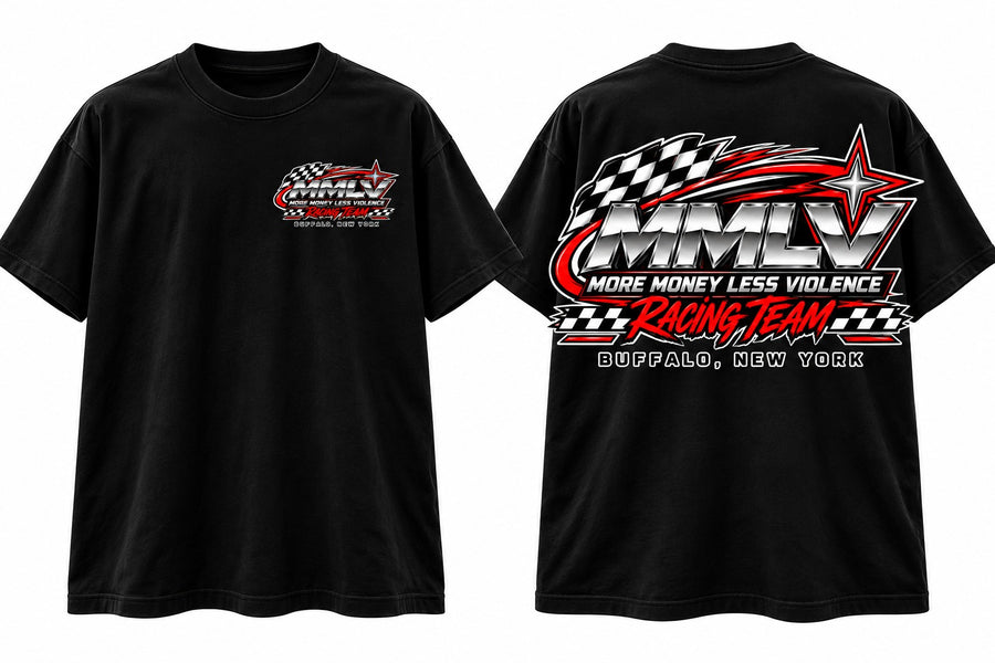 MMLV Redline Racing Tee in black, front and back: chrome MMLV Racing Team badge with checkered flags, Buffalo, New York