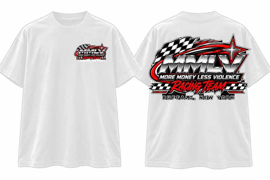 MMLV Redline Racing Tee in white, front and back: chrome MMLV Racing Team badge with checkered flags, Buffalo, New York