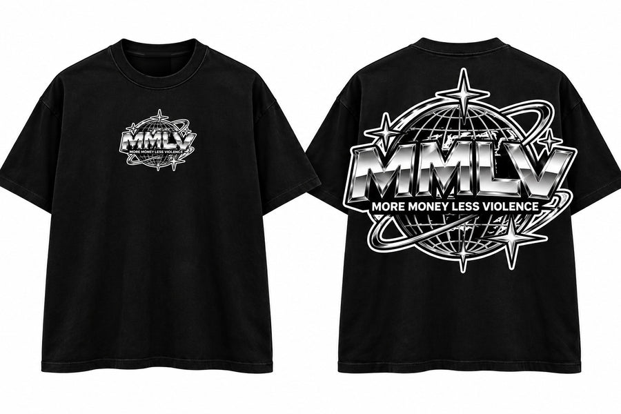 MMLV Worldwide Chrome Tee in black, front and back: chrome MMLV letters over a wireframe globe with More Money Less Violence