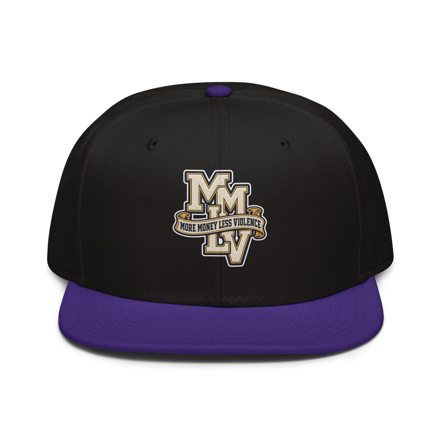 MMLV Varsity Crest Snapback, purple brim with black crown, front: embroidered MMLV crest