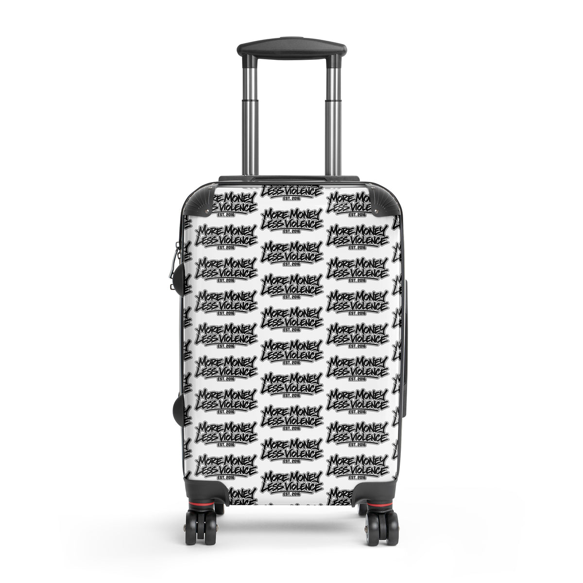 MMLV Luggage small hard-shell suitcase with More Money Less Violence logo collage, front