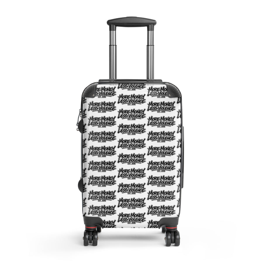 MMLV Luggage small hard-shell suitcase with More Money Less Violence logo collage, front