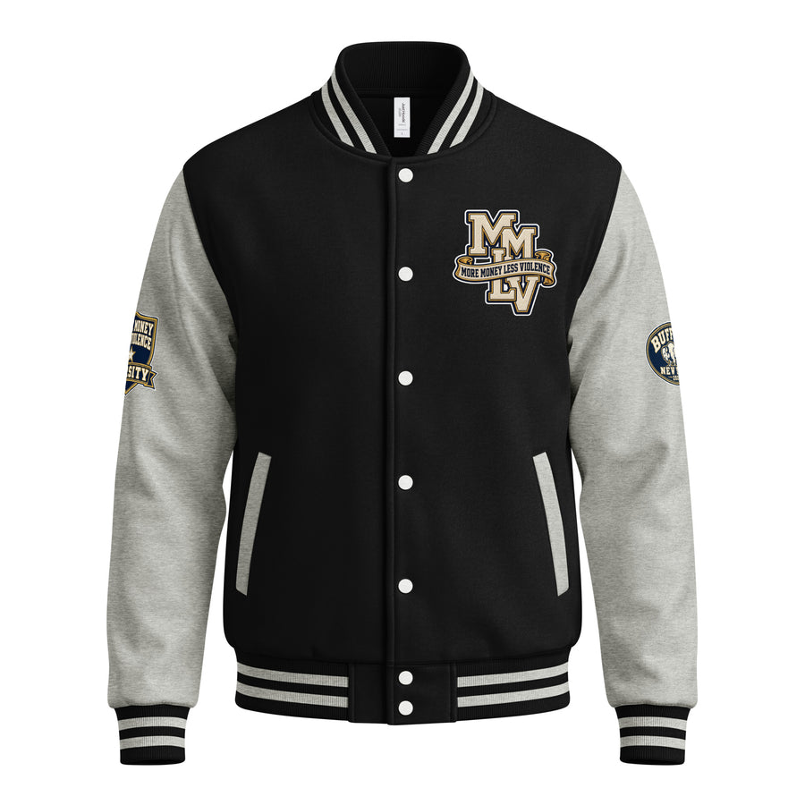 MMLV Letterman Jacket in jet black and heather grey, front