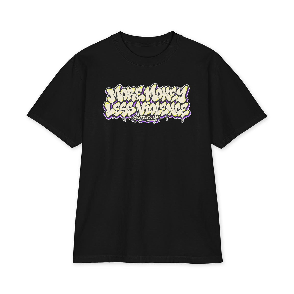 MMLV Graffiti Tee in black, front: dripping graffiti More Money Less Violence, Buffalo NY