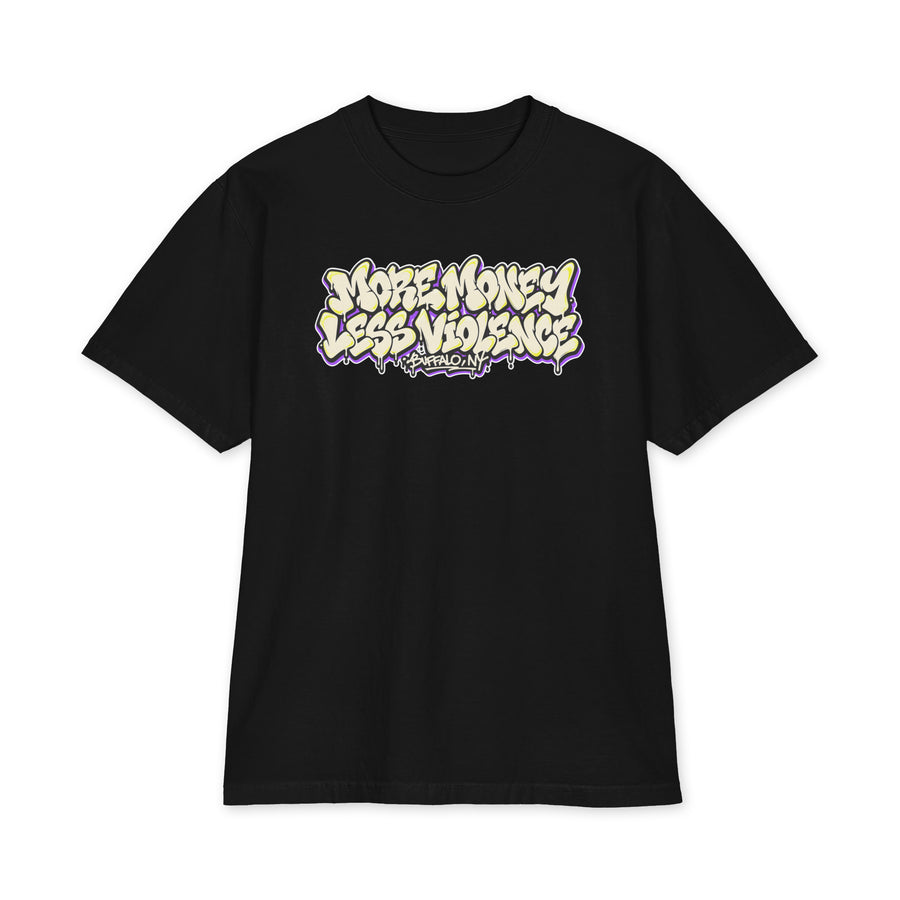 MMLV Graffiti Tee in black, front: dripping graffiti More Money Less Violence, Buffalo NY