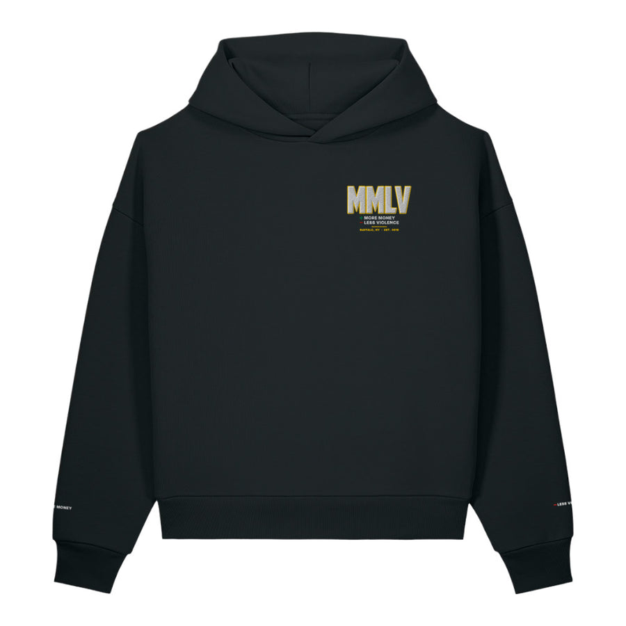 MMLV Plus Minus Hoodie in black, front: embroidered MMLV, + More Money, − Less Violence