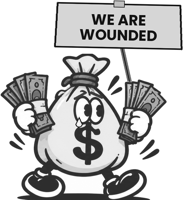 Sad gray bag character holding a sign that says We are wounded