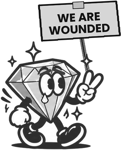 Sad gray diamond character holding a sign that says We are wounded