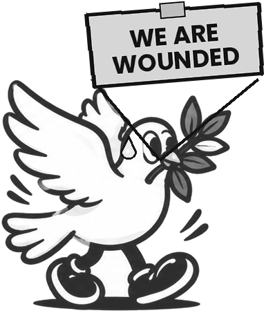 Sad gray dove character holding a sign that says We are wounded