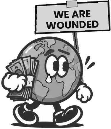 Sad gray globe character holding a sign that says We are wounded