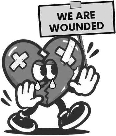 Sad gray heart character holding a sign that says We are wounded