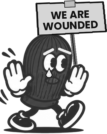 Sad gray mask character holding a sign that says We are wounded