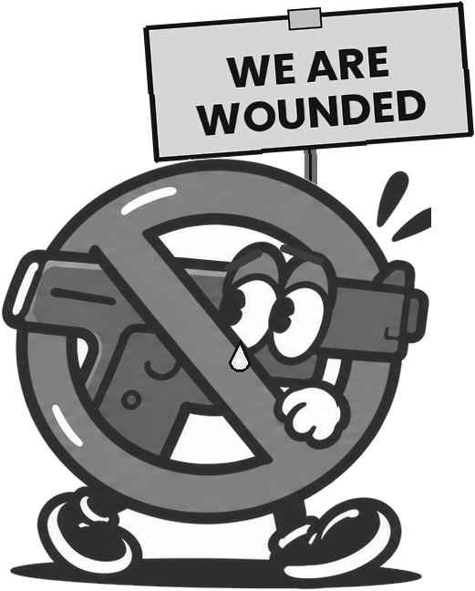 Sad gray nogun character holding a sign that says We are wounded